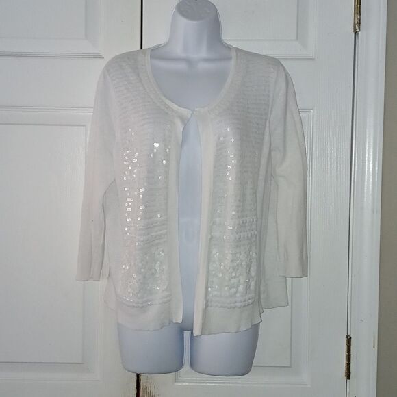 Chico's white sequin cardigan linen sweater casual spring summer  Sz 2  ( Sz 8 ) - Picture 1 of 6
